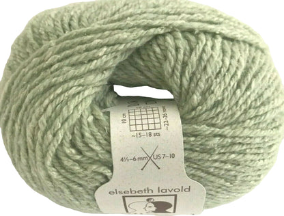 Light green skein of yarn with a label on a white background