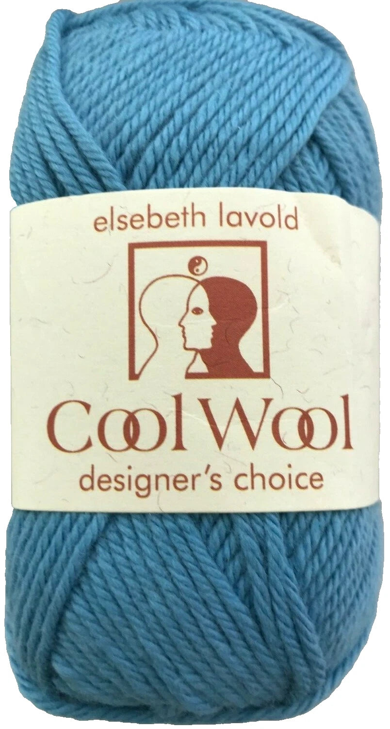Blue skein of yarn with 'elsebeth lavold Cool Wool' label on a white background