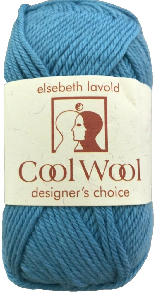 Blue skein of yarn with 'elsebeth lavold Cool Wool' label on a white background