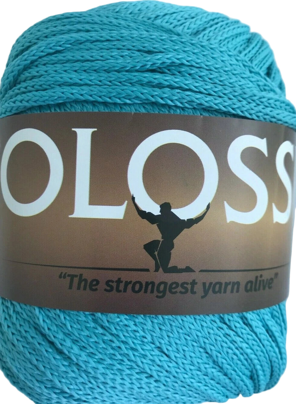 Turquoise yarn with 'Coloss' label on a white background