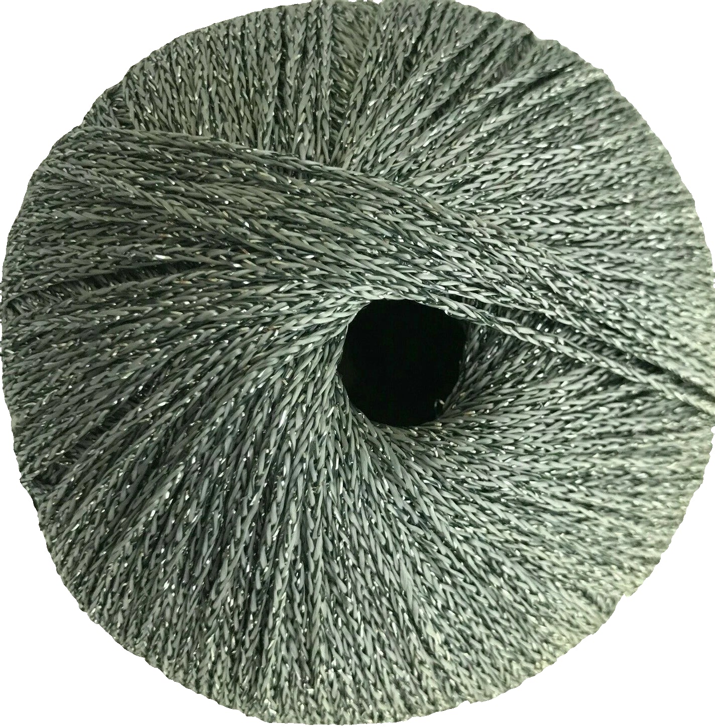 Ball of silver yarn on a white background