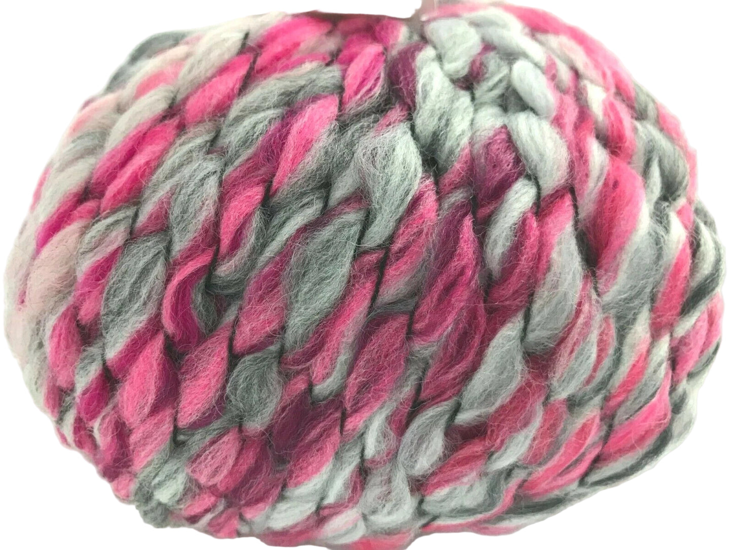 Ball of pink and gray yarn on a white background