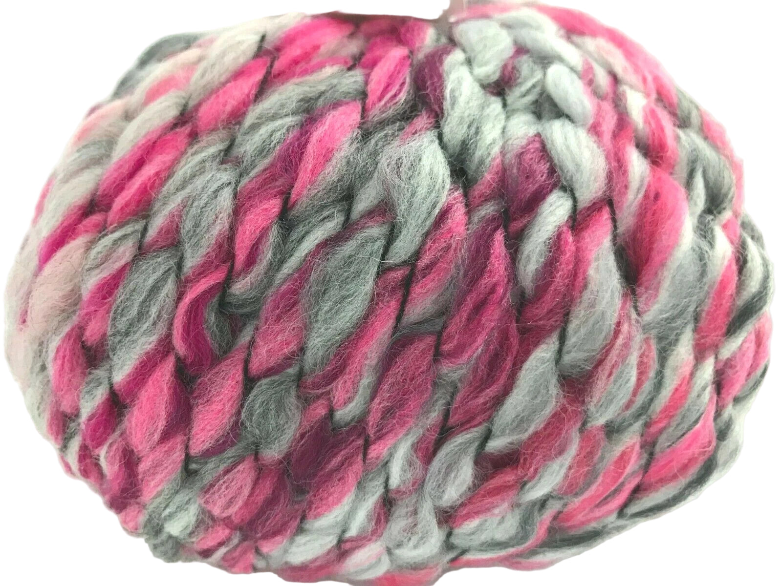 Ball of pink and gray yarn on a white background