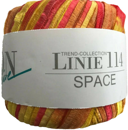 Multicolored yarn ball with 'LINIE 114' label on a white background
