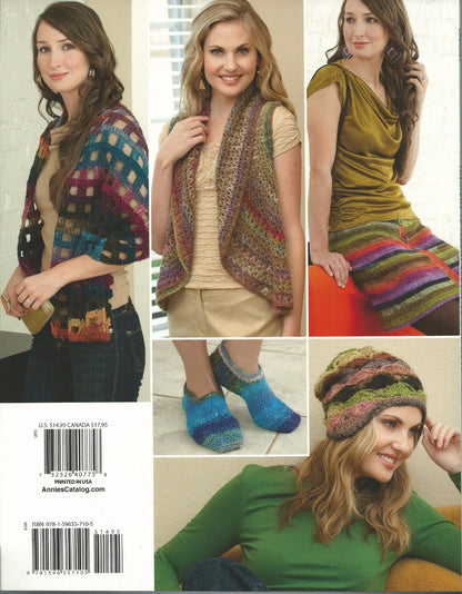 Collage of women wearing colorful knit and crochet items including a vest, scarf, hat, and socks.
