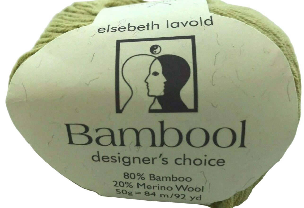 Ball of green yarn with 'Bambool' label on a white background