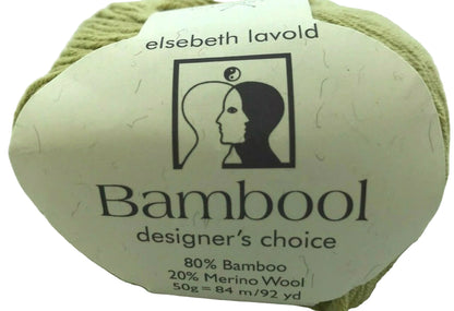 Ball of green yarn with 'Bambool' label on a white background