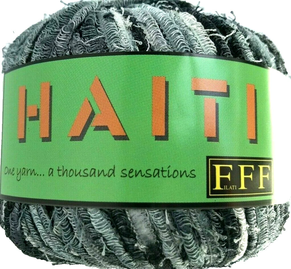 Ball of yarn with a green label displaying the brand 'Haiti'.