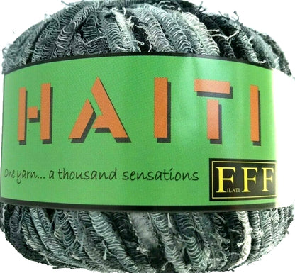 Ball of yarn with a green label displaying the brand 'Haiti'.