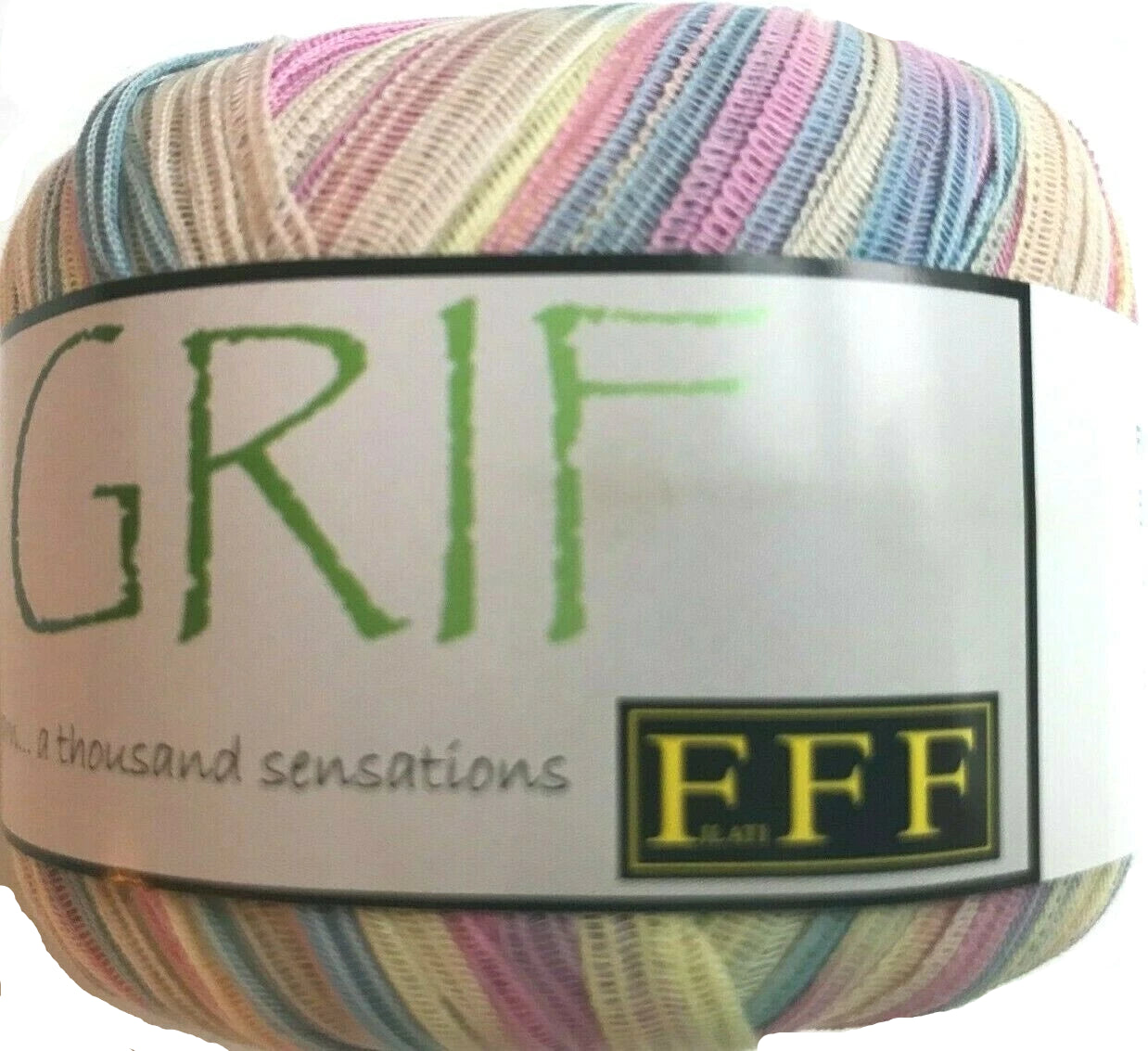 Multicolored yarn ball with 'GRIF' and 'FFF' branding on a white background