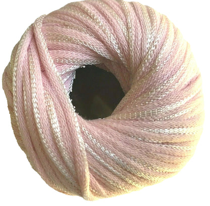 Pink yarn ball with metallic sheen on a white background