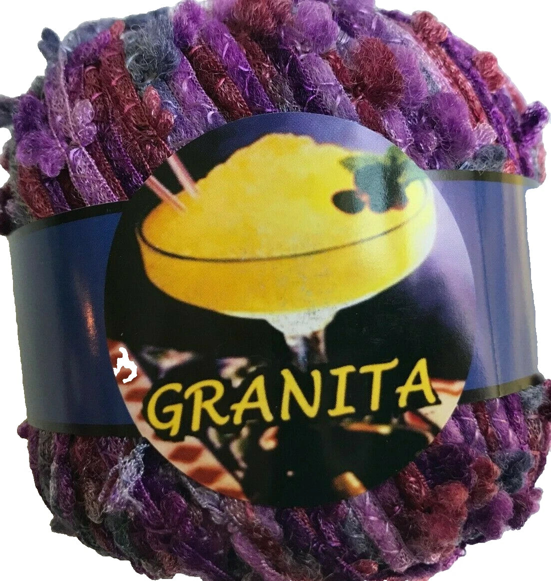 Ball of yarn with a Granita label featuring a dessert image