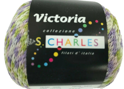 Ball of yarn with 'Victoria' and 'S. Charles' labels on a white background