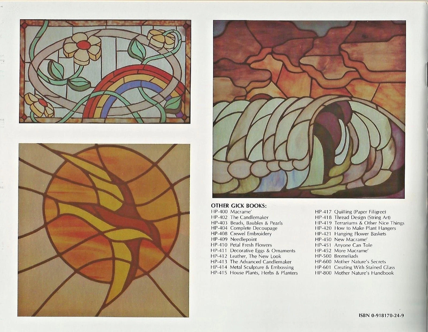 Stained glass designs with a rainbow, floral pattern, and abstract shapes on a white background.
