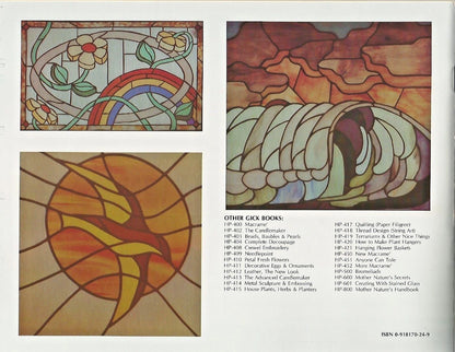 Stained glass designs with a rainbow, floral pattern, and abstract shapes on a white background.