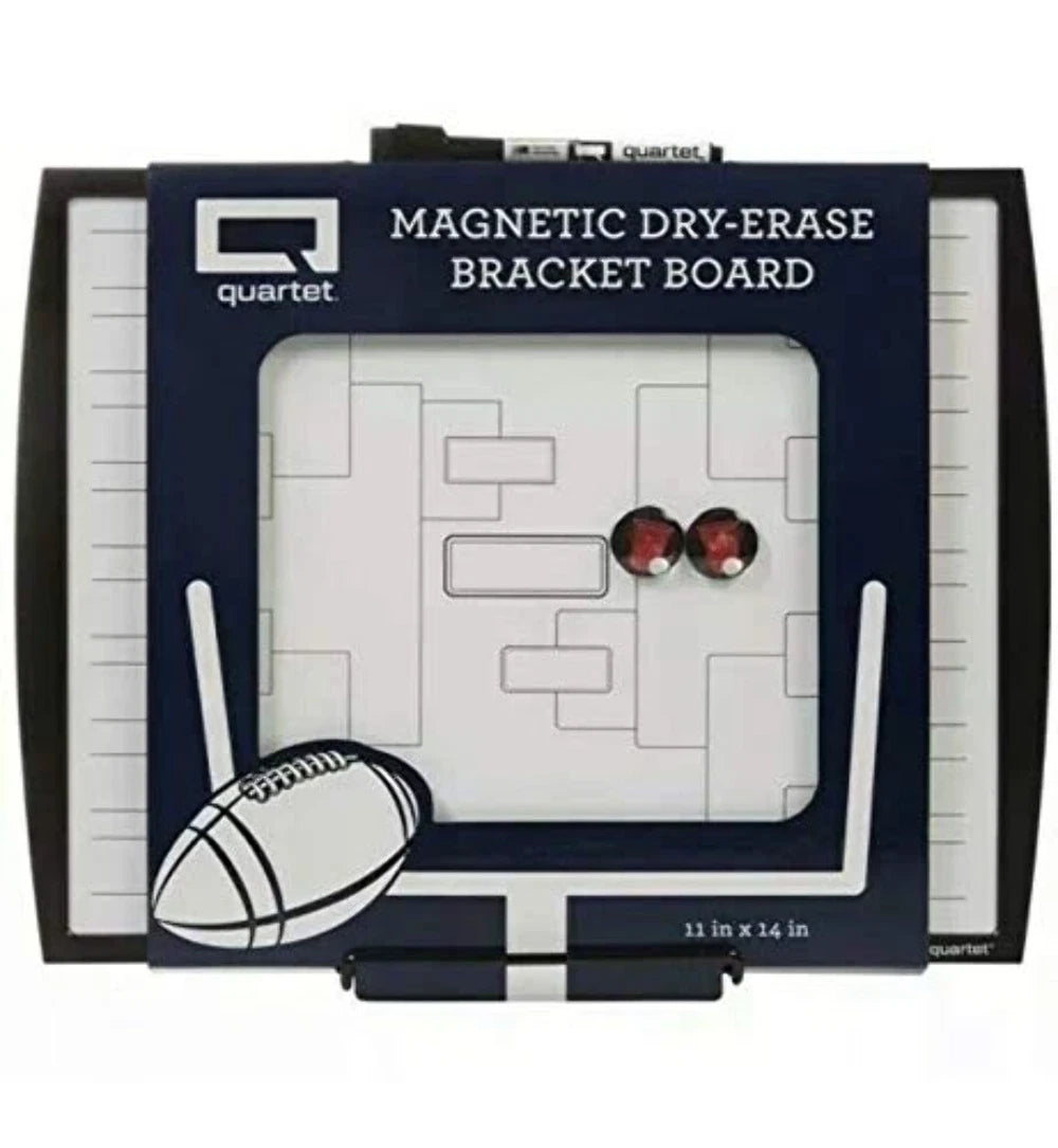 Quartet magnetic dry-erase bracket board packaging with football and sports ball graphics.