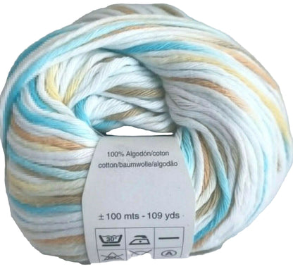 Multicolored yarn ball with a label on a light gray background