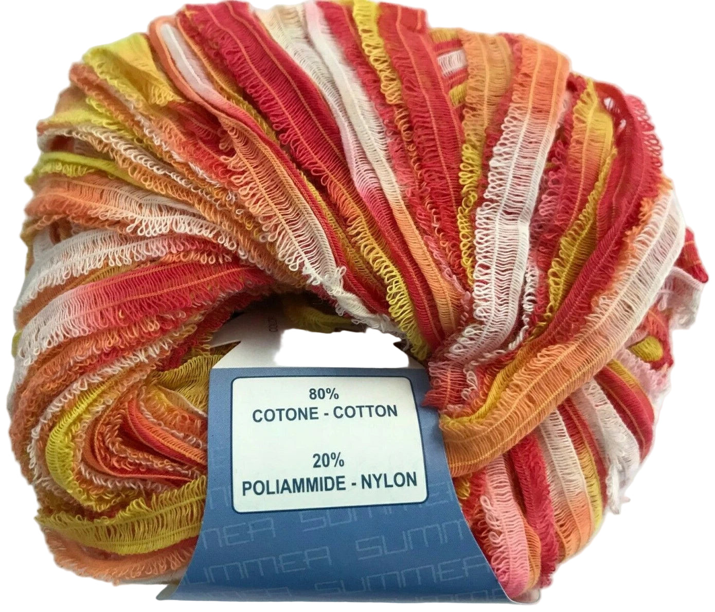 Multicolored yarn skein with label on a white background