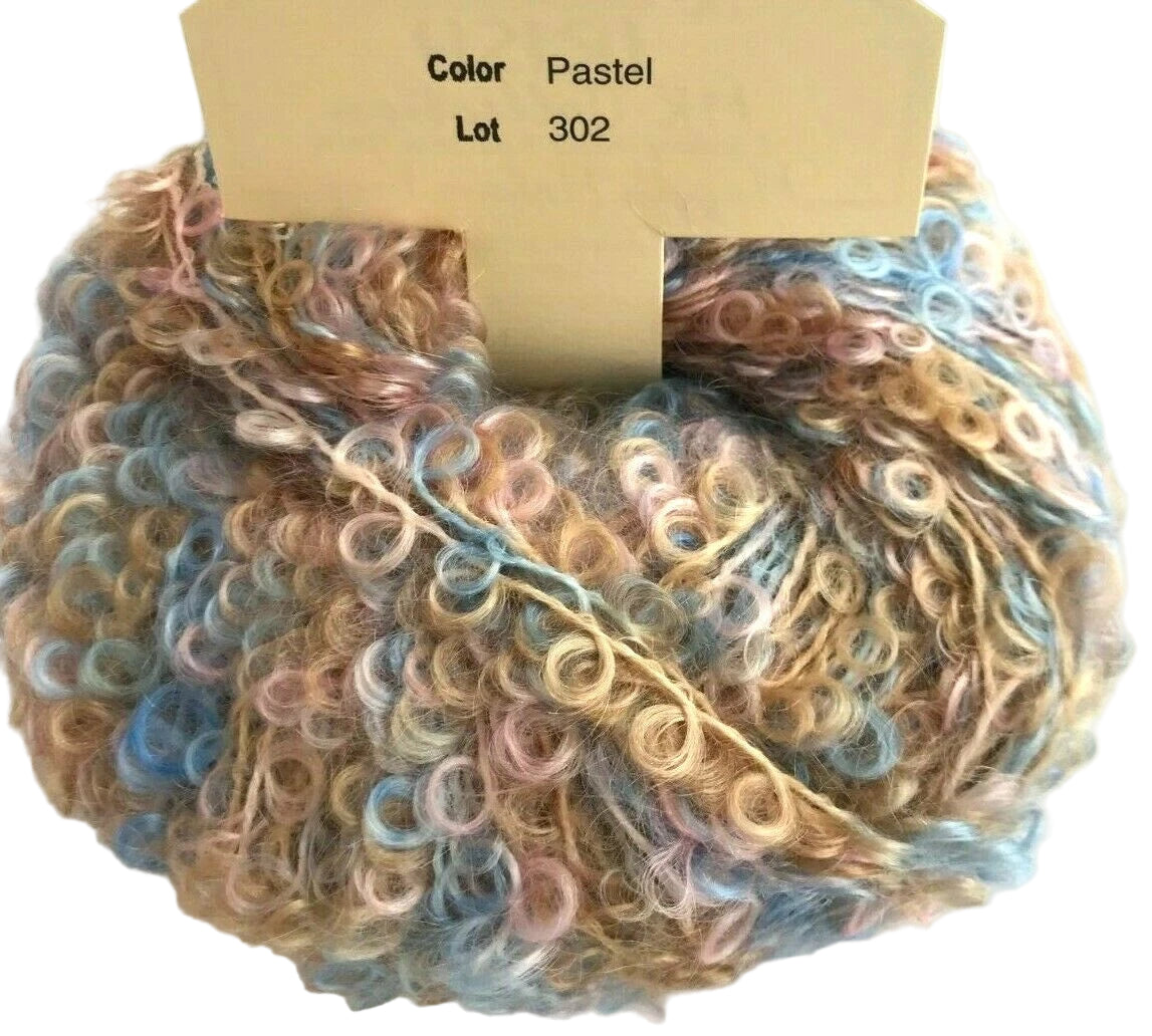 Pastel-colored yarn skein with a label indicating color and lot number on a white background