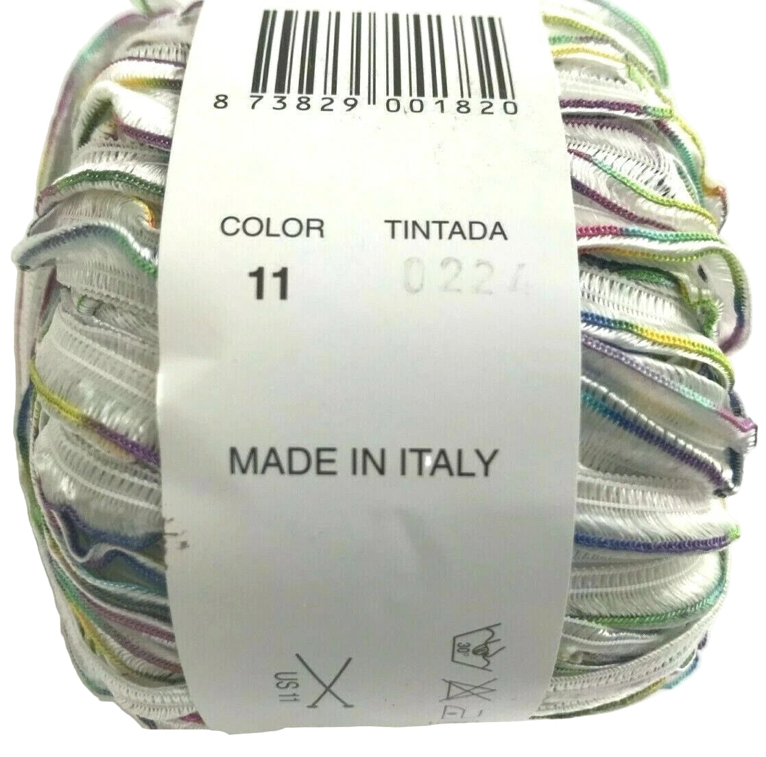 Multicolored yarn ball with a label indicating 'Made in Italy' on a white background