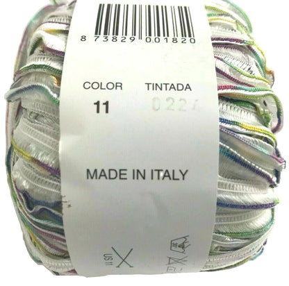 Multicolored yarn ball with a label indicating 'Made in Italy' on a white background