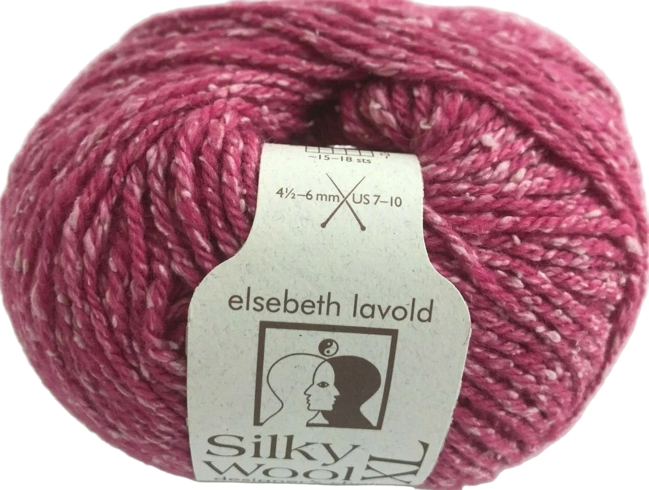 Pink yarn ball with Elsebeth Lavold Silky Wool label on a white background
