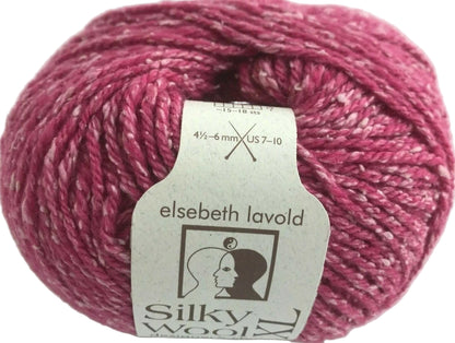 Pink yarn ball with Elsebeth Lavold Silky Wool label on a white background