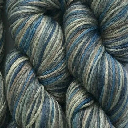 Close-up of blue and beige striped yarn skeins