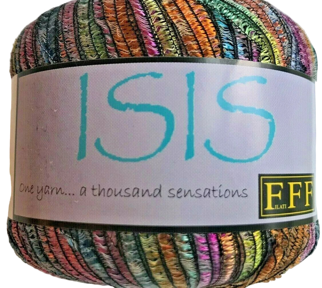 Colorful skein of yarn with 'ISIS' label on a white background