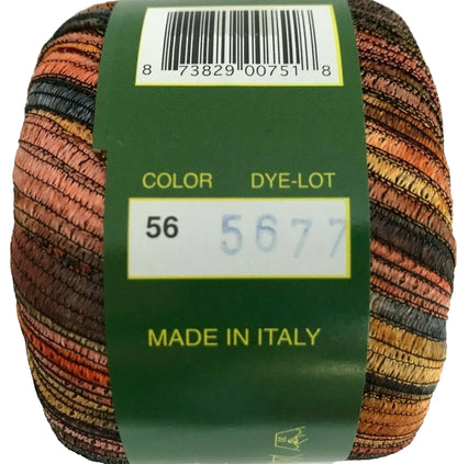 Yarn ball with a green label displaying color code, dye lot, and 'Made in Italy' text.