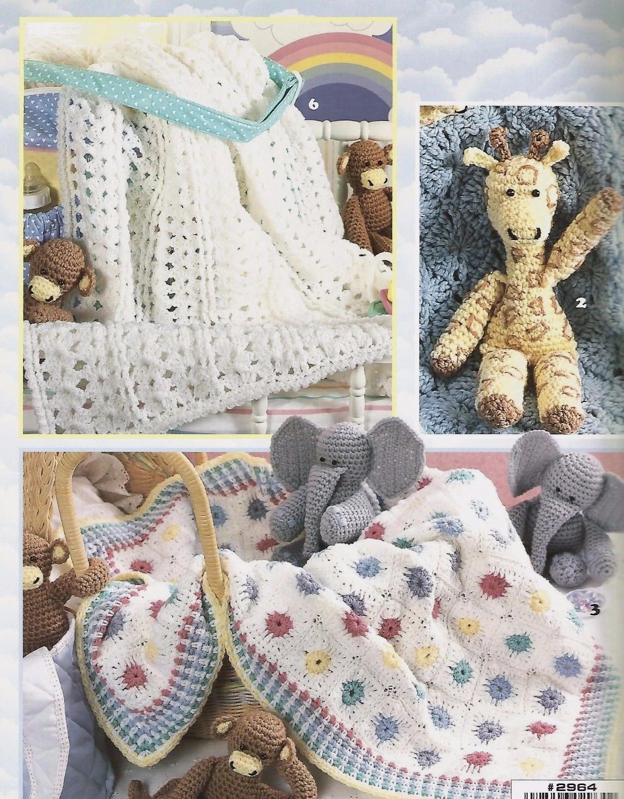 Collection of crocheted baby items including blankets and toys on a soft focus background.