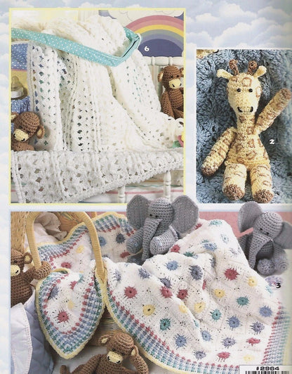 Collection of crocheted baby items including blankets and toys on a soft focus background.