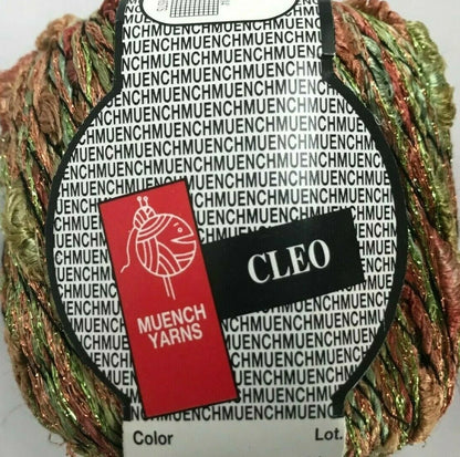 Multicolored yarn skein with Muench Yarns and Cleo brand labels.