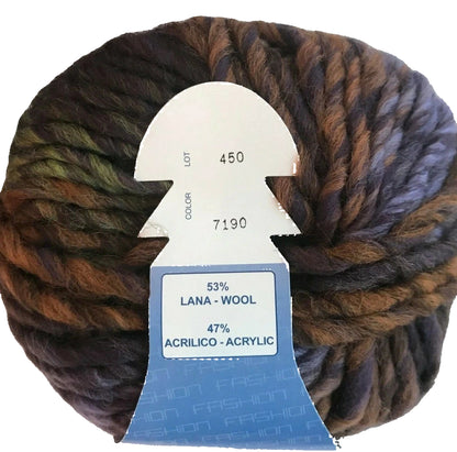 Multicolored yarn ball with a label indicating fiber content on a white background