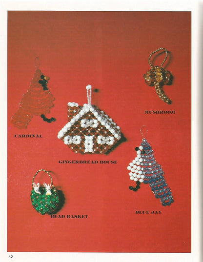 Collection of beaded Christmas ornaments on a red background