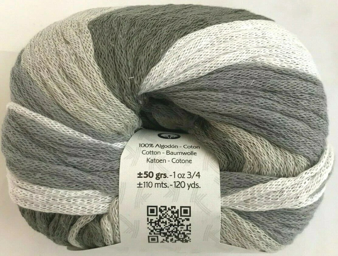 Ball of gray and white yarn with a label on a white background