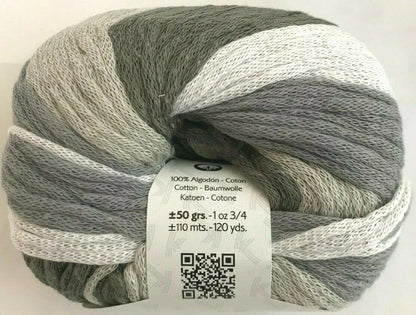 Ball of gray and white yarn with a label on a white background