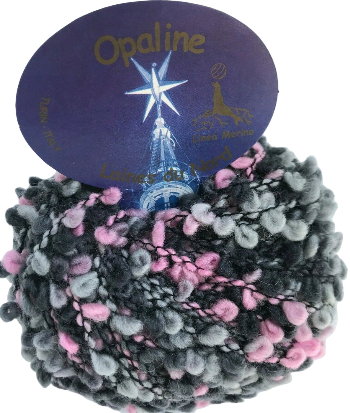 Ball of yarn with pink and gray pattern on a white background, featuring the brand 'Opaline'.