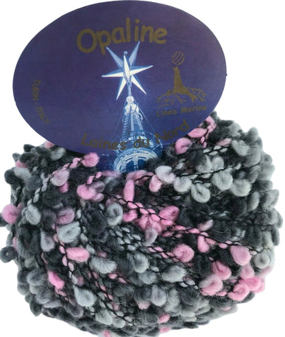 Ball of yarn with pink and gray pattern on a white background, featuring the brand 'Opaline'.
