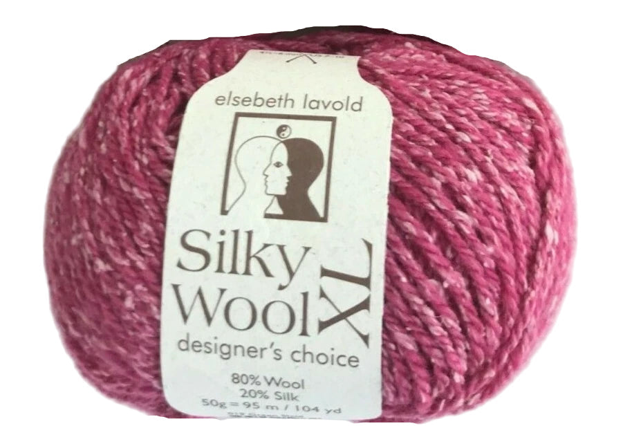 Ball of pink yarn with 'Silky Wool' label on a white background