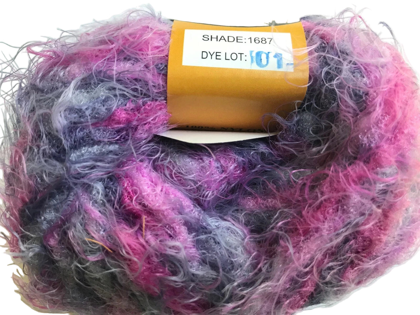Multicolored yarn ball with a label on a white background