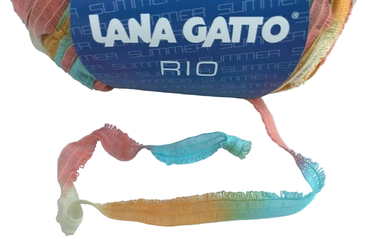 Ball of yarn with colorful strands and 'Lana Gatto' branding on a white background