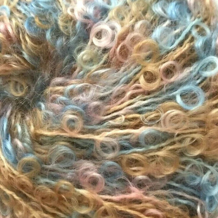 Multicolored skein of yarn on a white background