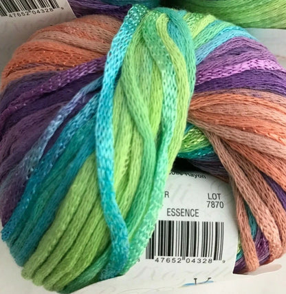 Multicolored yarn skein with a label on a white background