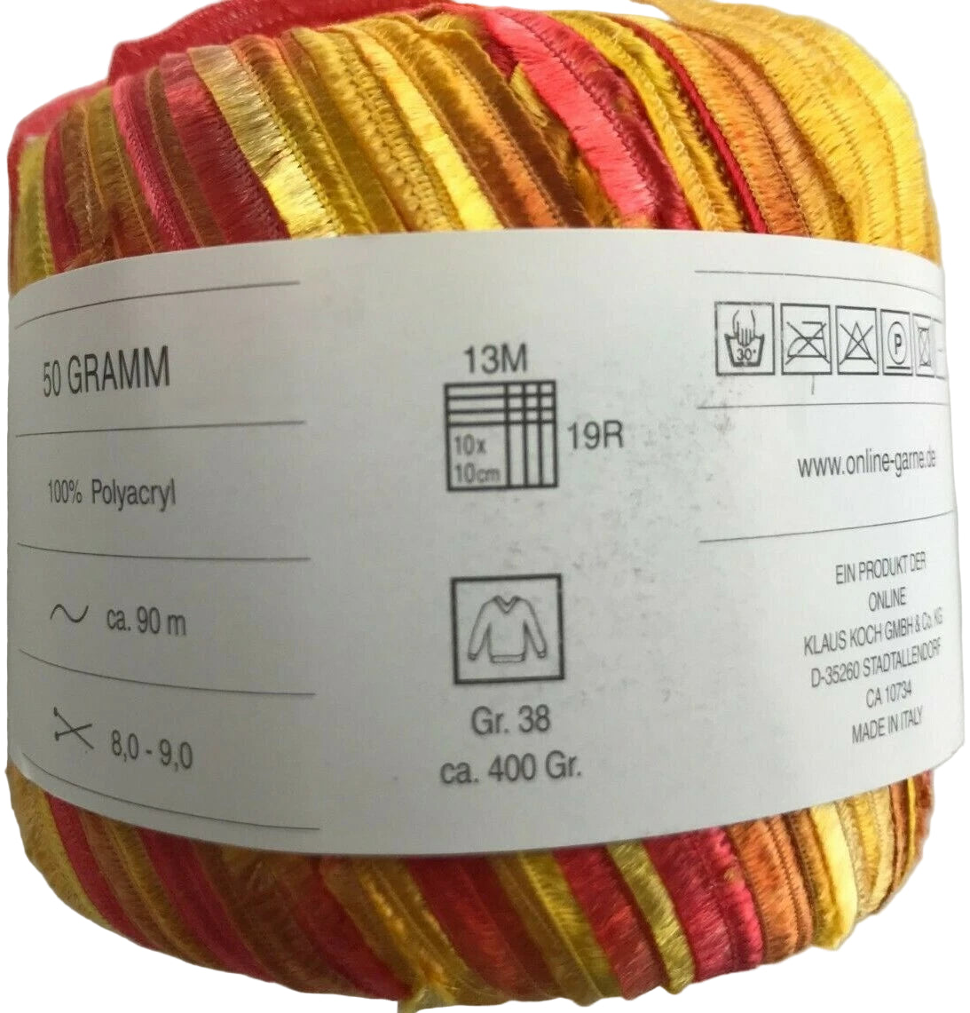 Multicolored yarn ball with label on a white background
