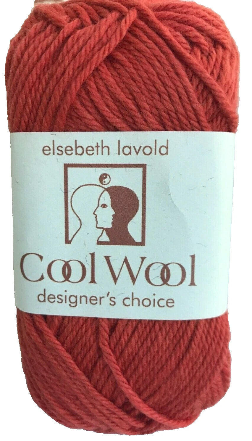 Red ball of yarn with 'elsebeth lavold Cool Wool' label on a white background