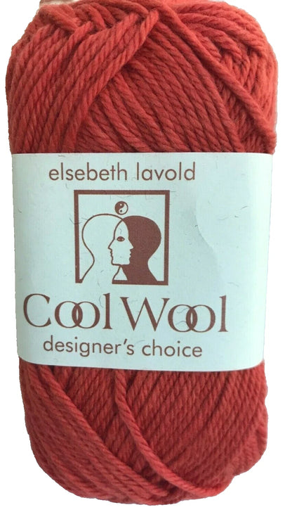 Red ball of yarn with 'elsebeth lavold Cool Wool' label on a white background