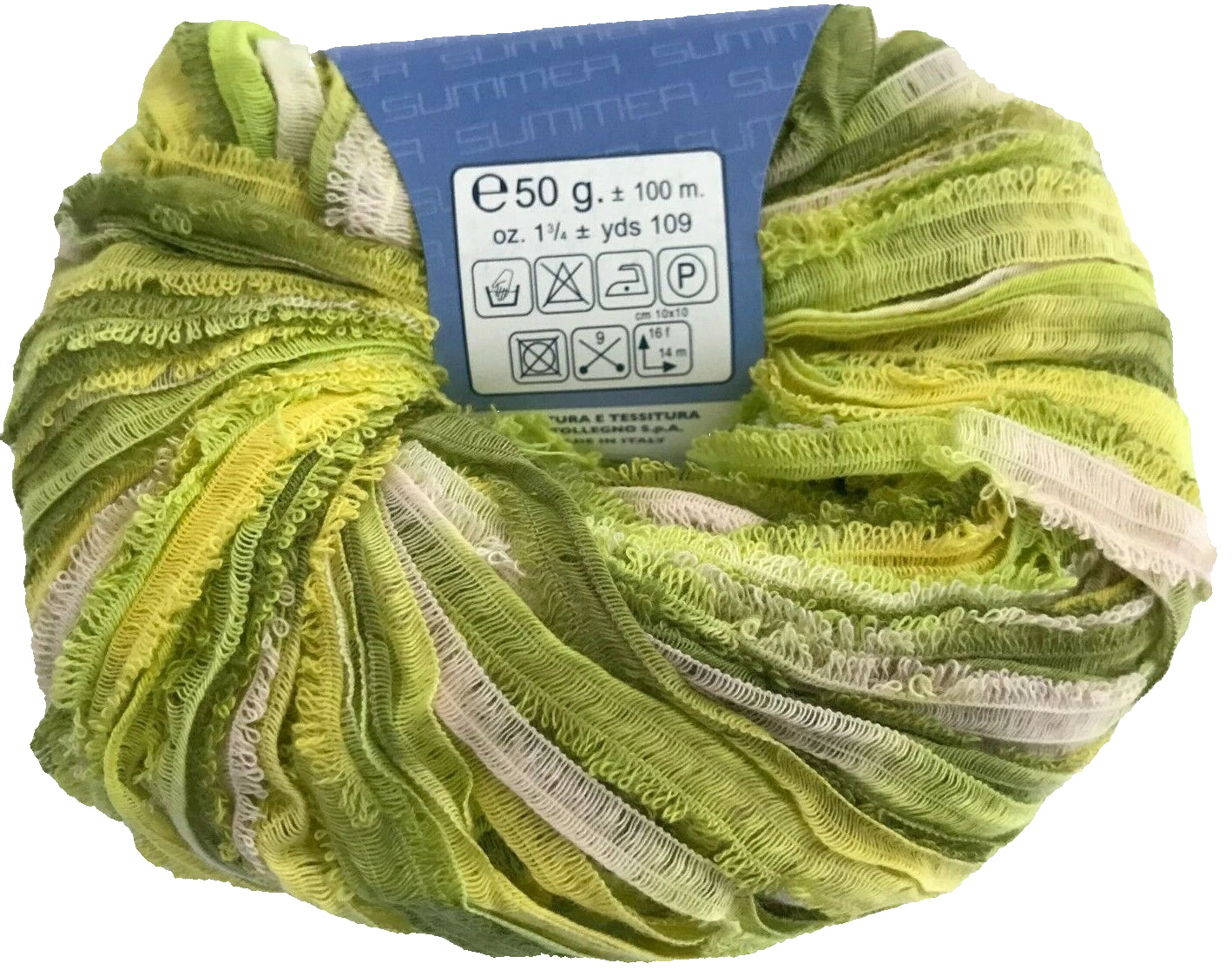 Green skein of yarn with a label on a white background