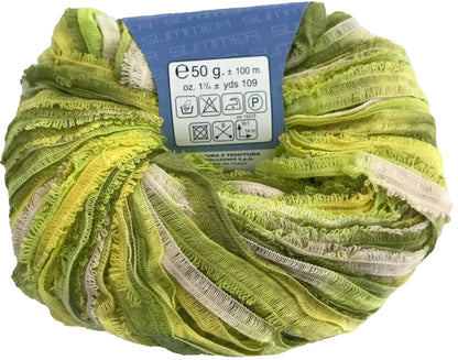 Green skein of yarn with a label on a white background