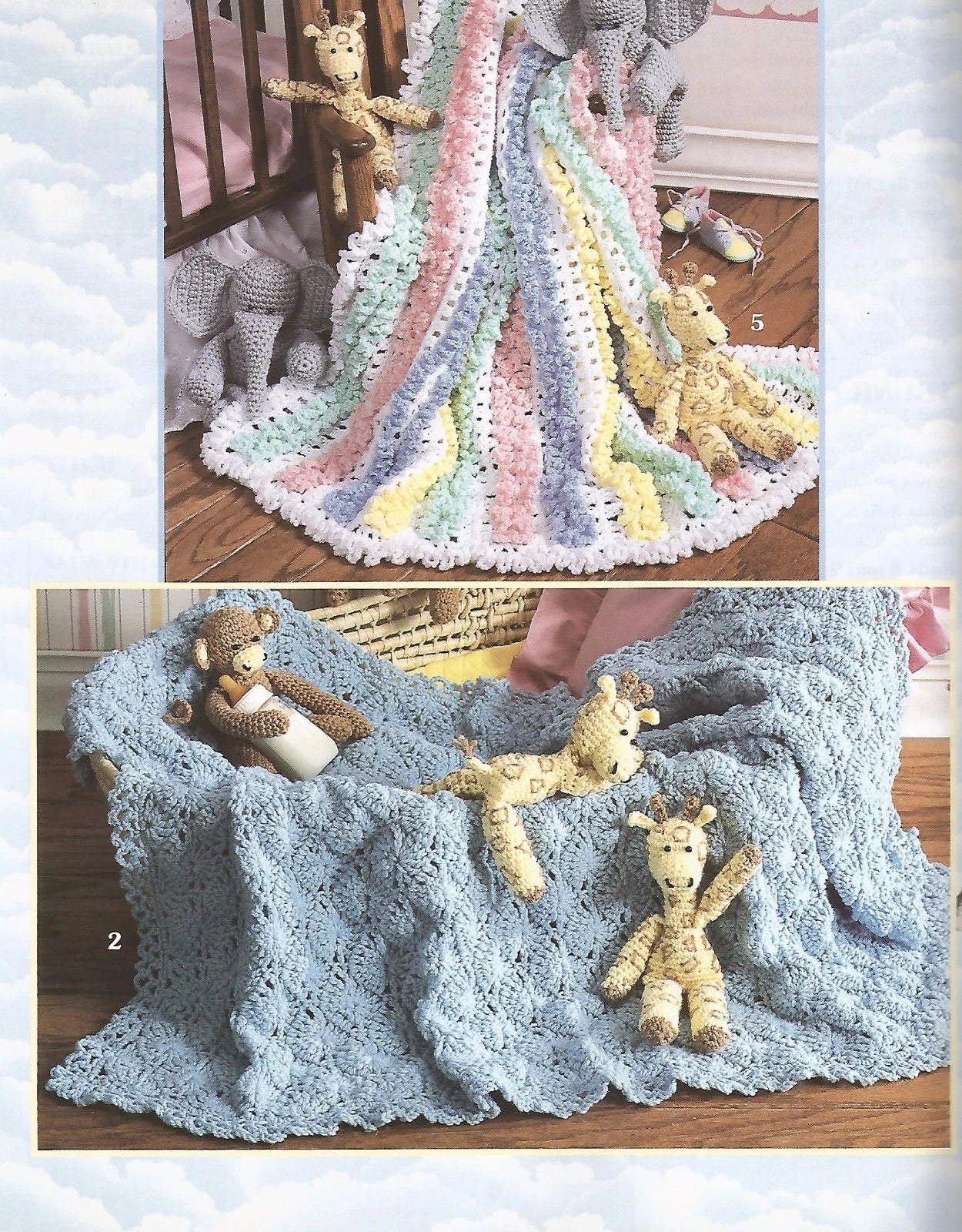 Knitted baby blankets with stuffed animals on a wooden floor.